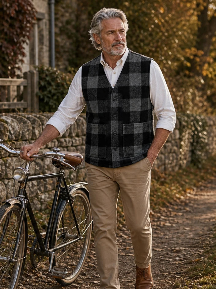 The Lodge Vest in Charcoal / Black Plaid