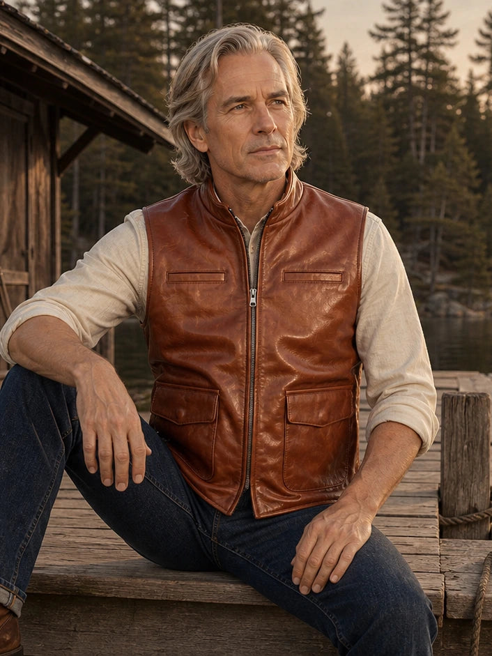 The Traveler Leather Vest in Burnished Brown