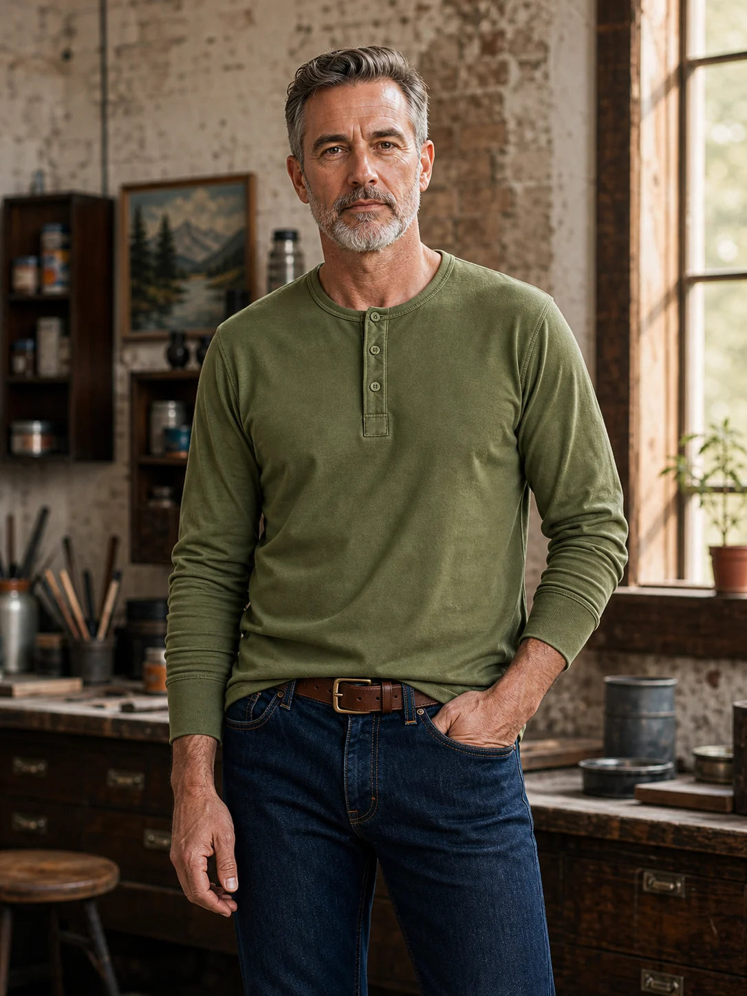 The Classic Henley Shirt in Army Green