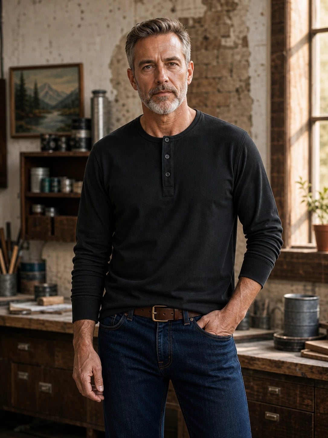The Classic Henley Shirt in Clean Black