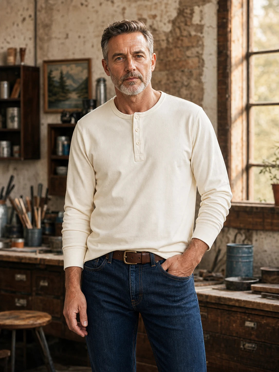The Classic Henley Shirt in Cream White