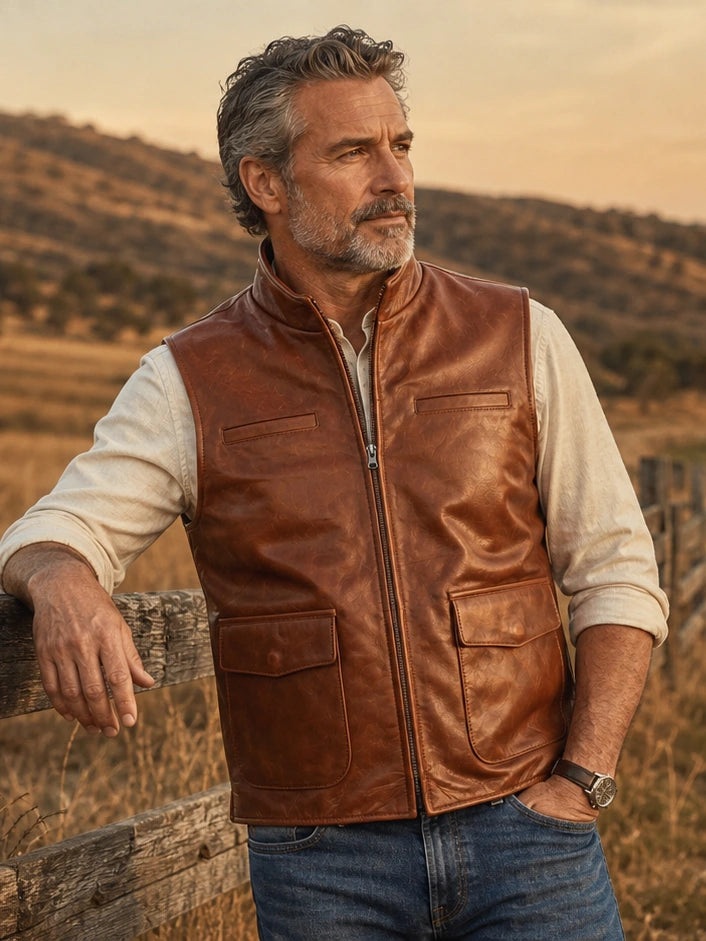 The Traveler Leather Vest in Burnished Brown