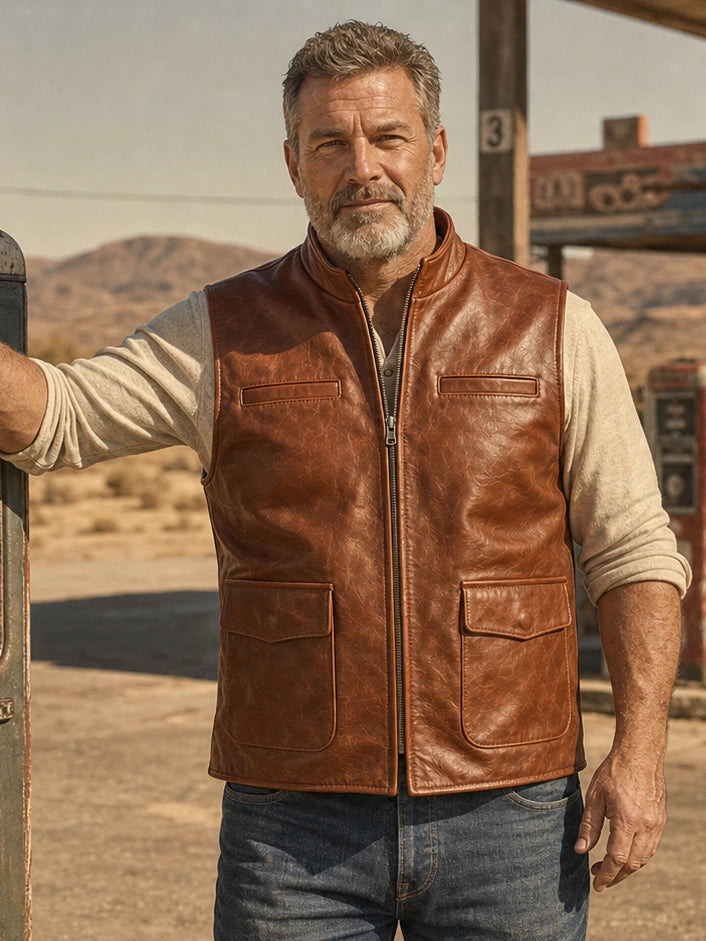 The Traveler Leather Vest in Burnished Brown