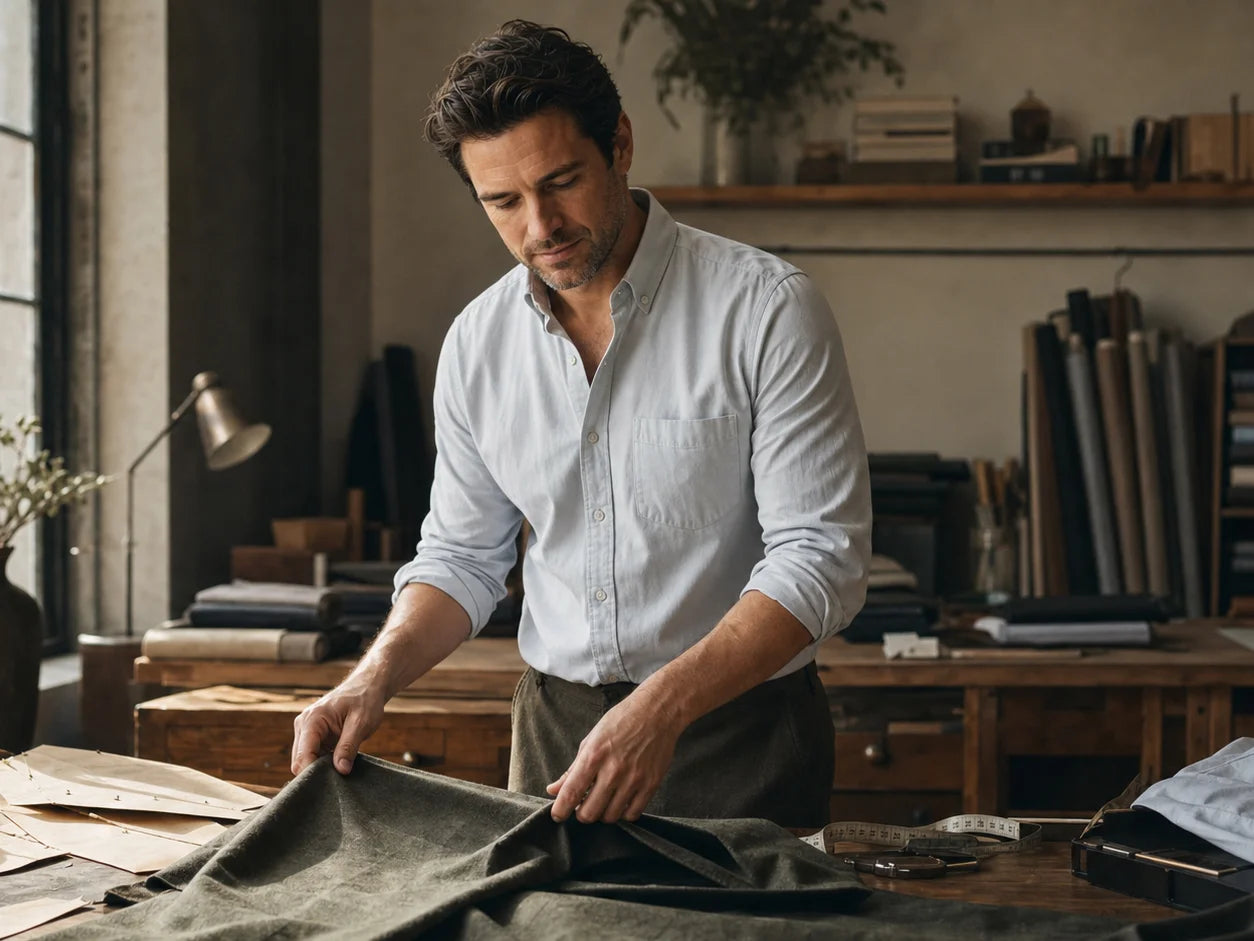 In the photo, our founder is carefully selecting fabrics; just as he wanted to create the best garments for his family, we want to offer the very best to you too.