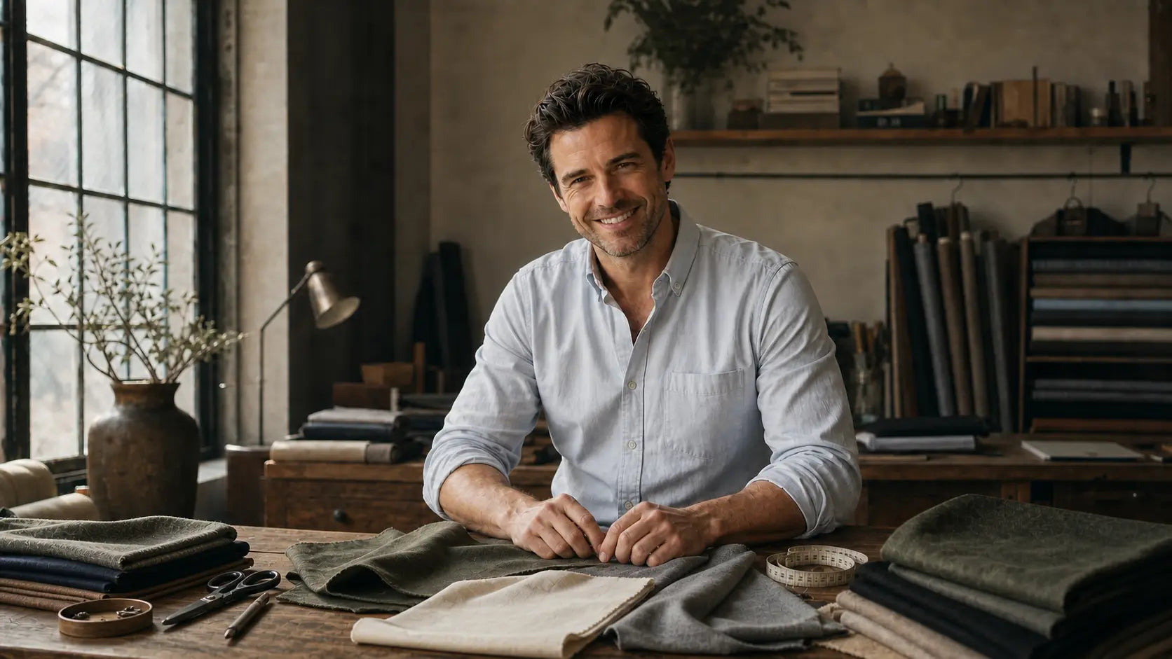 A photo of the founder sitting in the clothing studio, facing the camera with a friendly, warm smile - reflecting our commitment to building a brand that is both friendly and trustworthy.