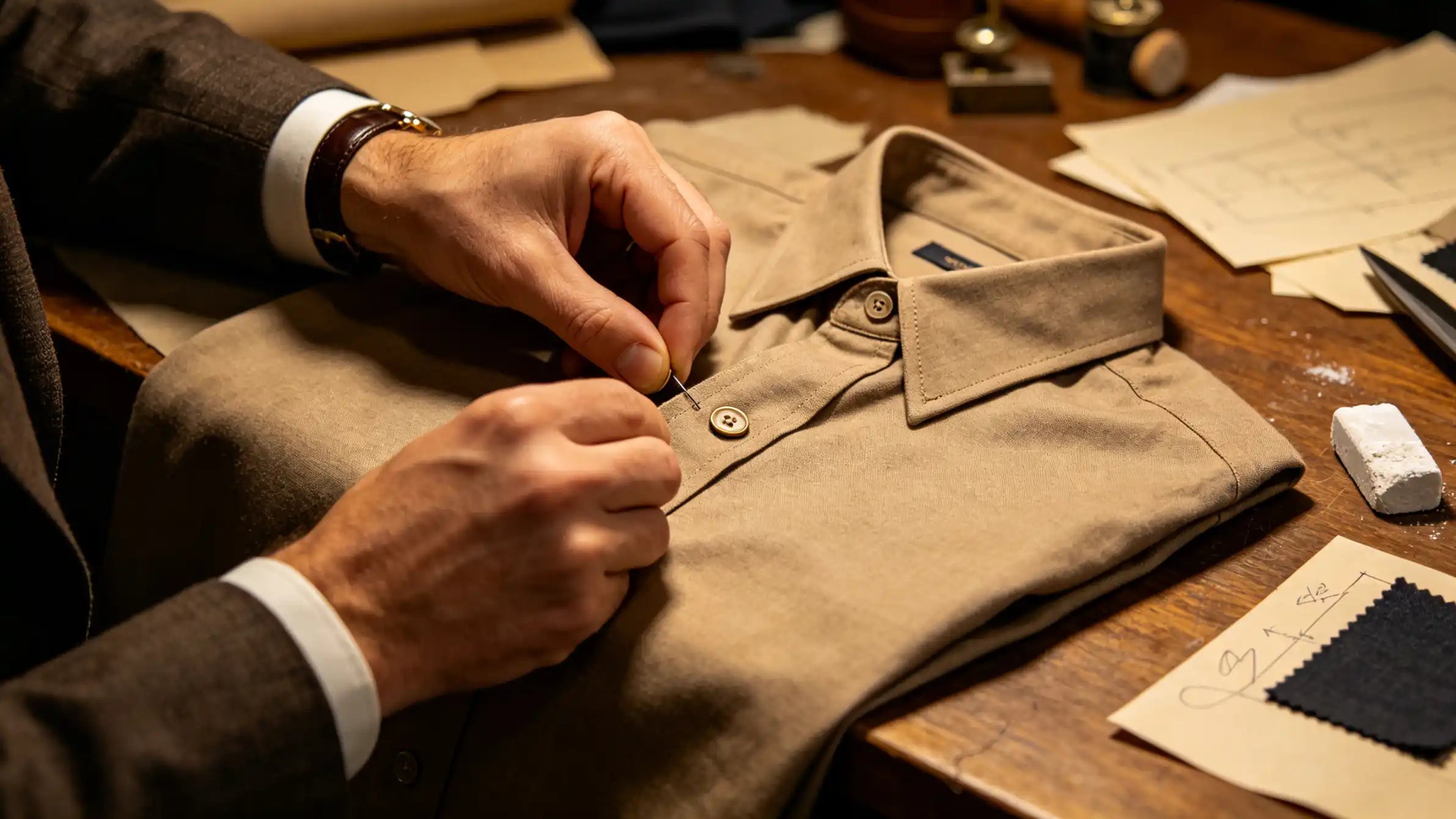 On a handcrafted work table, a pair of hands is carefully sewing buttons onto the surface of a garment.