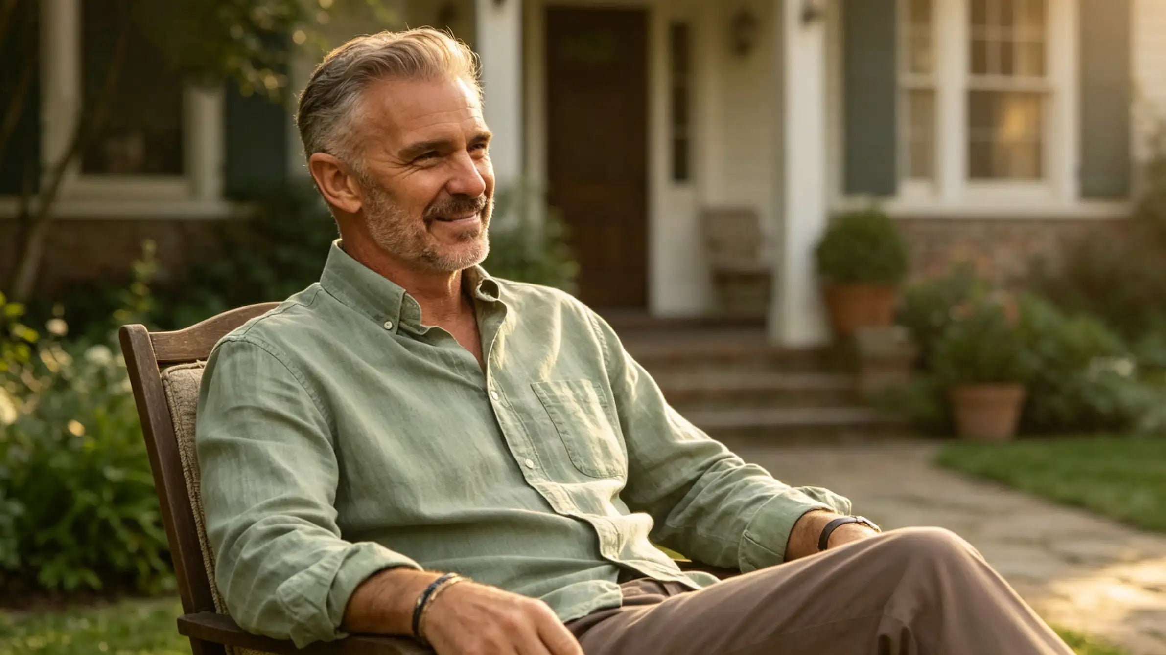 A man sits in the front yard, dressed in AbleCove apparel, comfortably basking in the sunlight with a confident smile.